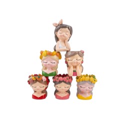 Set of 6 Elegantz "Girl Face, Flowers & Fruit" Ceramic Planters, Ceramic, Ø 9.5 x 6 cm, Multicolored