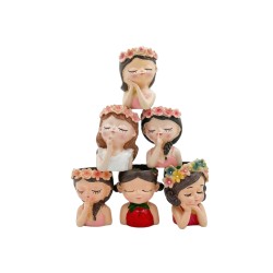 Set of 6 Elegantz "Girl Face, Flowers & Fruit" Ceramic Planters, Ceramic, Ø 9.5 x 6 cm, Multicolored