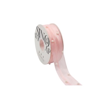 Луксозна панделка сатен с перли Elegantz Pearl, 30 мм х 5Y, Light Pink